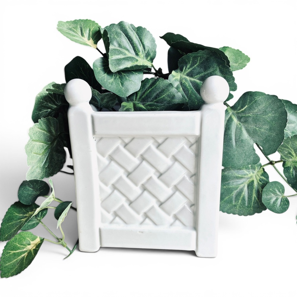 Teleflora White Ceramic Planter Basket Weave Cachepot Hollywood Regency Pot